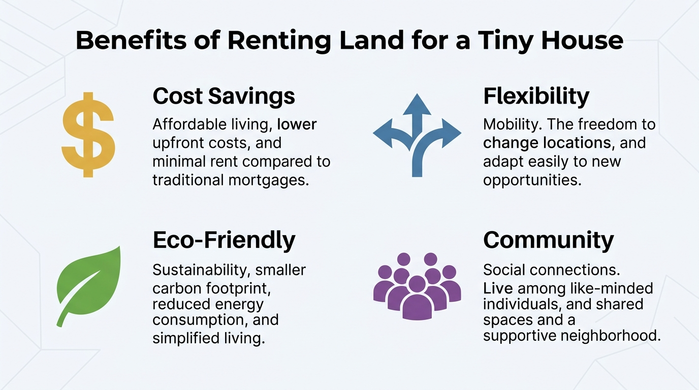 Infographic of benefits of renting land for tiny houses: cost, flexibility, environment, community.