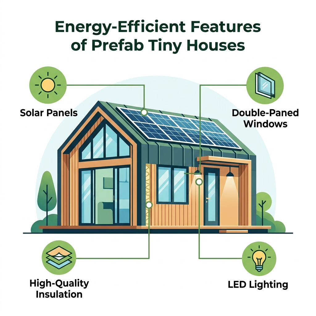 Infographic of energy-efficient features in prefab tiny houses like solar panels and insulation.
