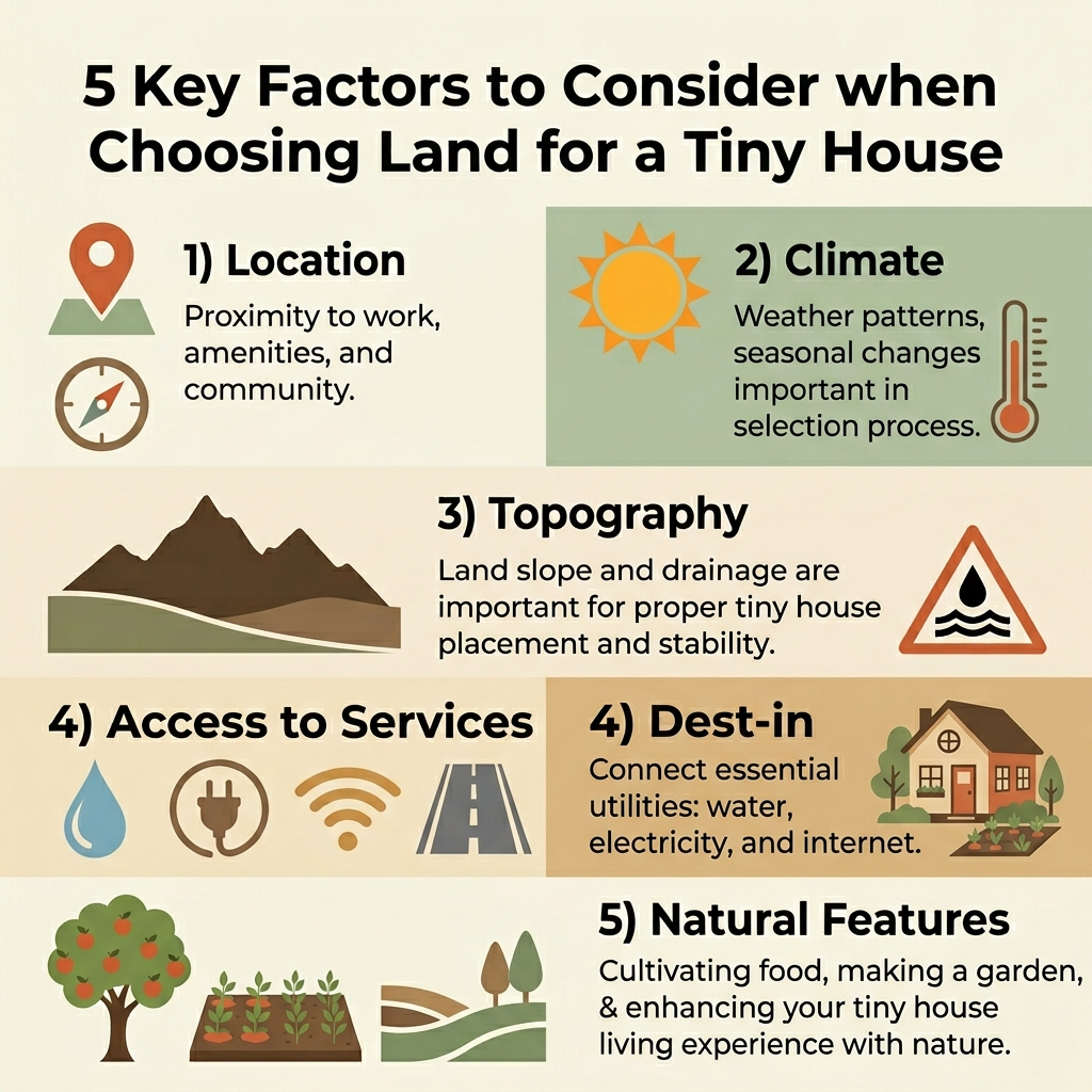 Infographic of factors for choosing land for a tiny house.