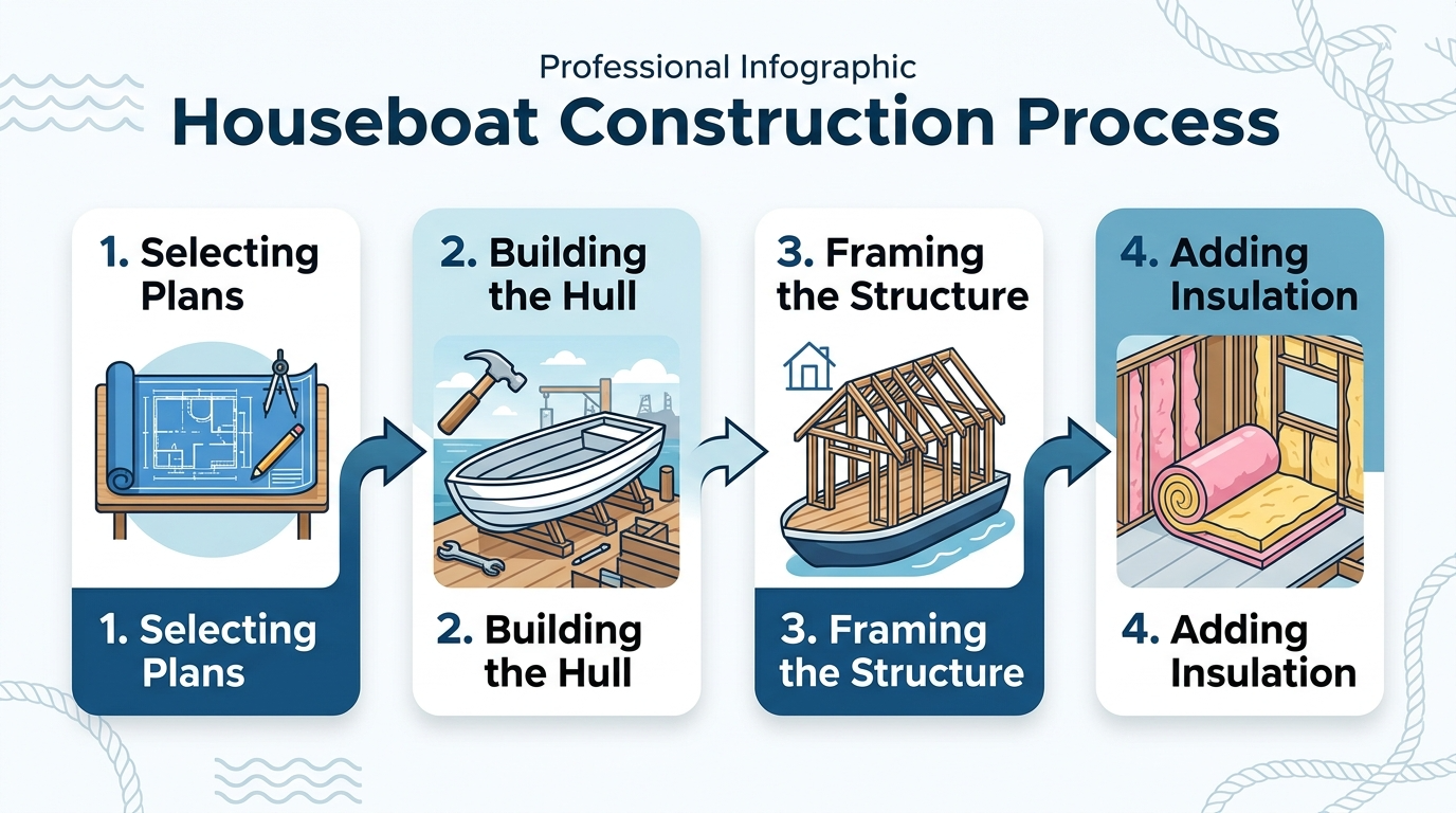 Infographic of houseboat construction steps from plans to insulation.