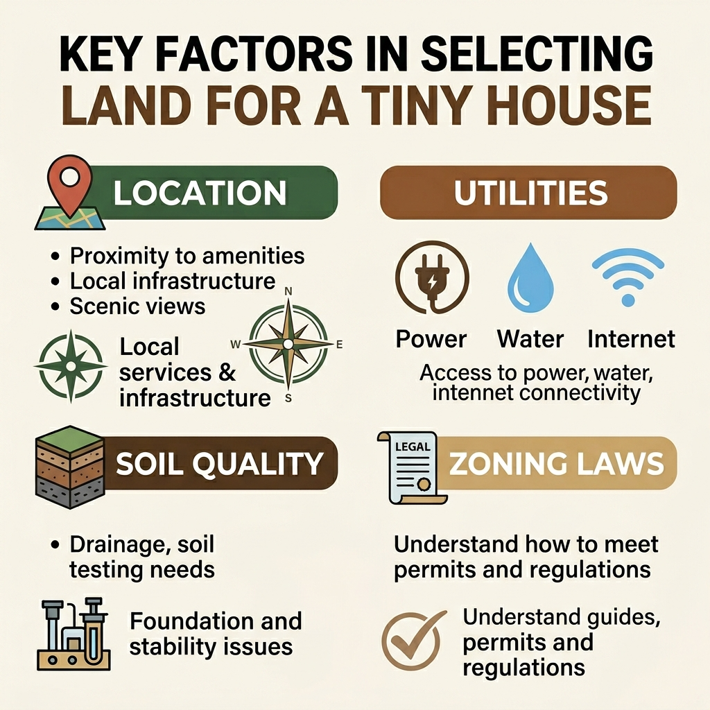 Infographic of key factors in choosing land for a tiny house: location, utilities, and zoning laws.