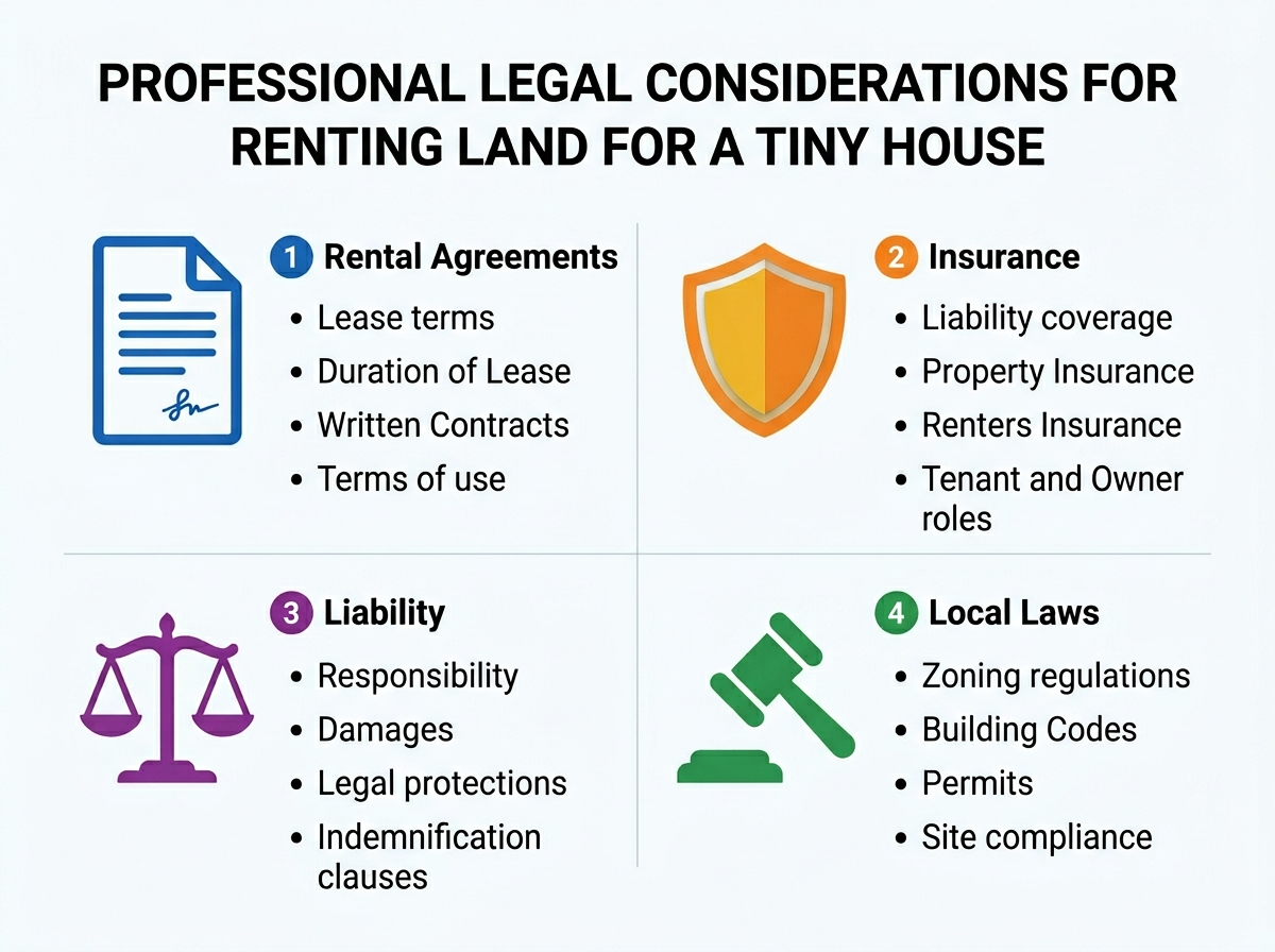 Infographic of legal considerations for renting tiny house land: agreements, insurance, liability, laws.