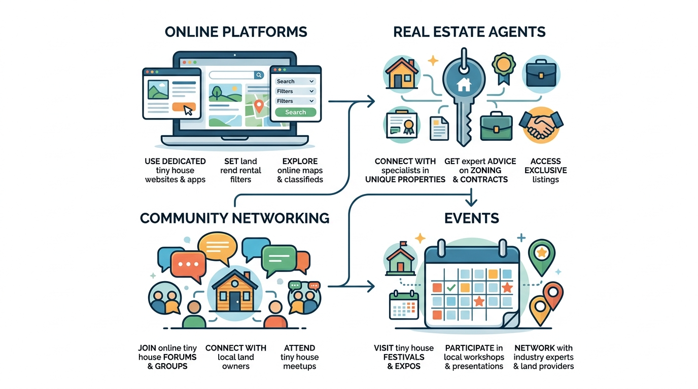 Infographic of methods to find tiny house rental land: online, agents, networking, events.