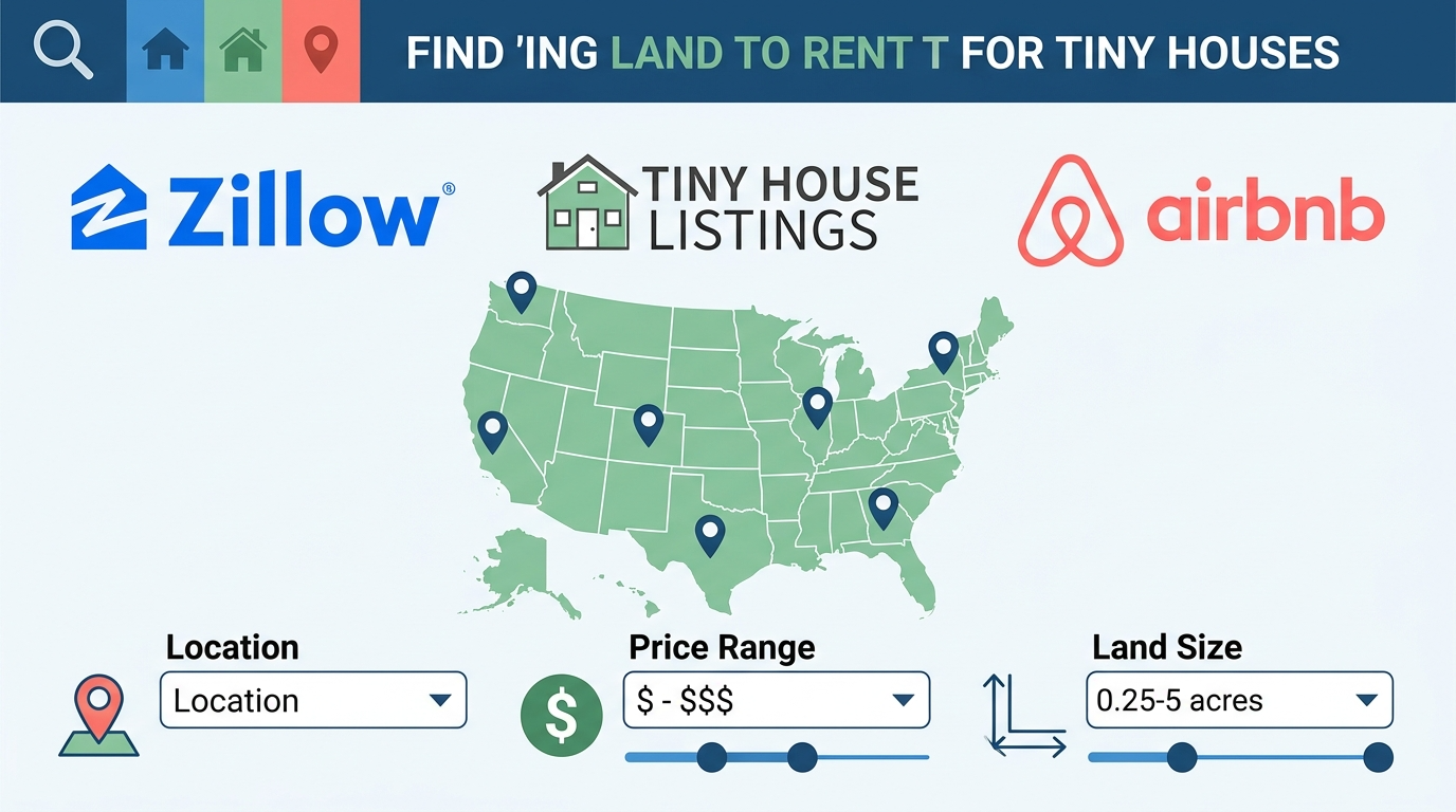 Infographic of online resources like Zillow and Tiny House Listings for renting land for tiny houses.