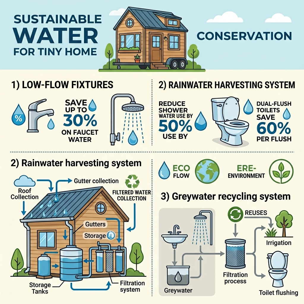 Infographic of water conservation methods like low-flow fixtures and rainwater harvesting for tiny homes.