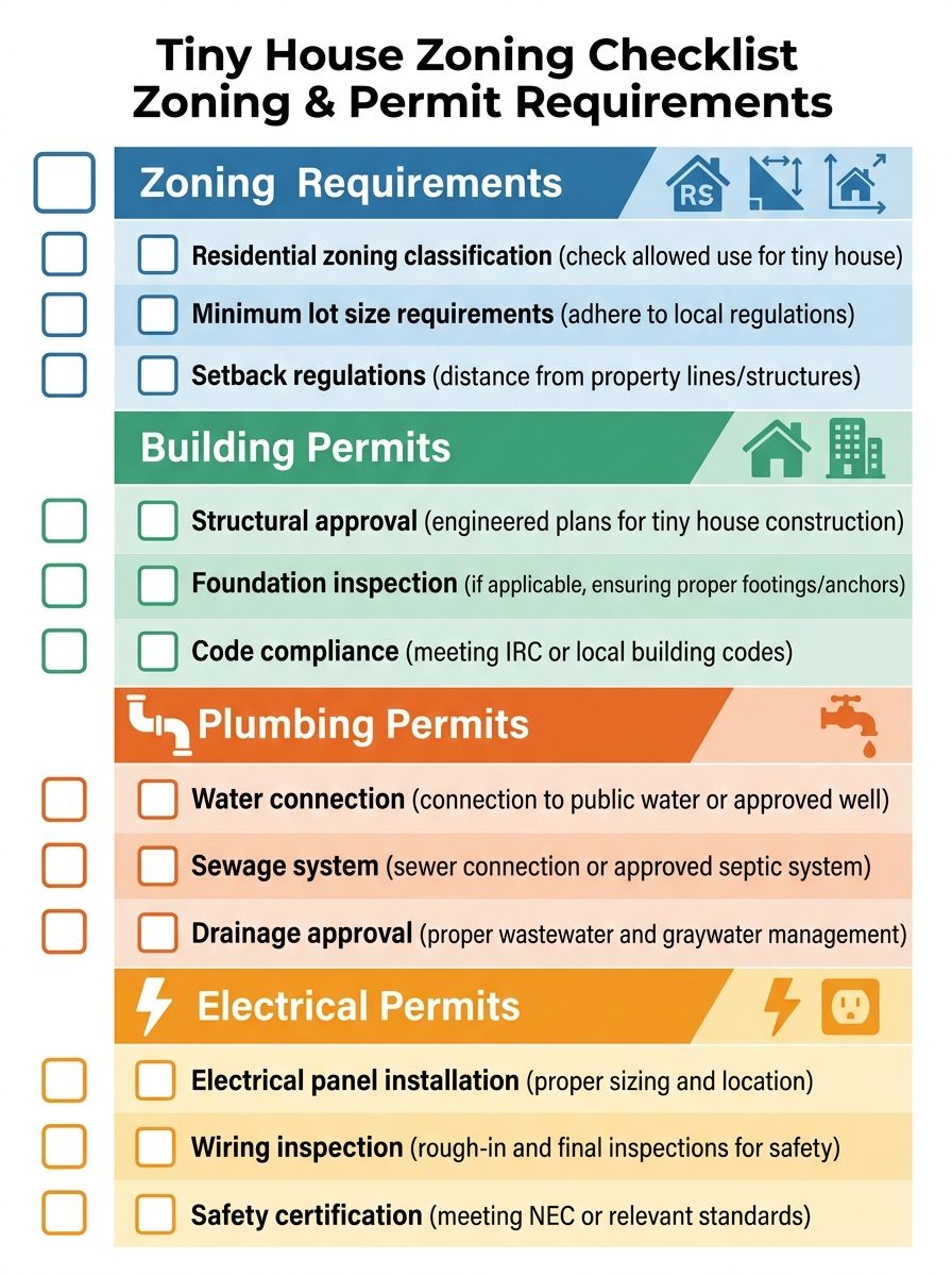 Infographic of zoning and permit checklist for tiny house installation on land.