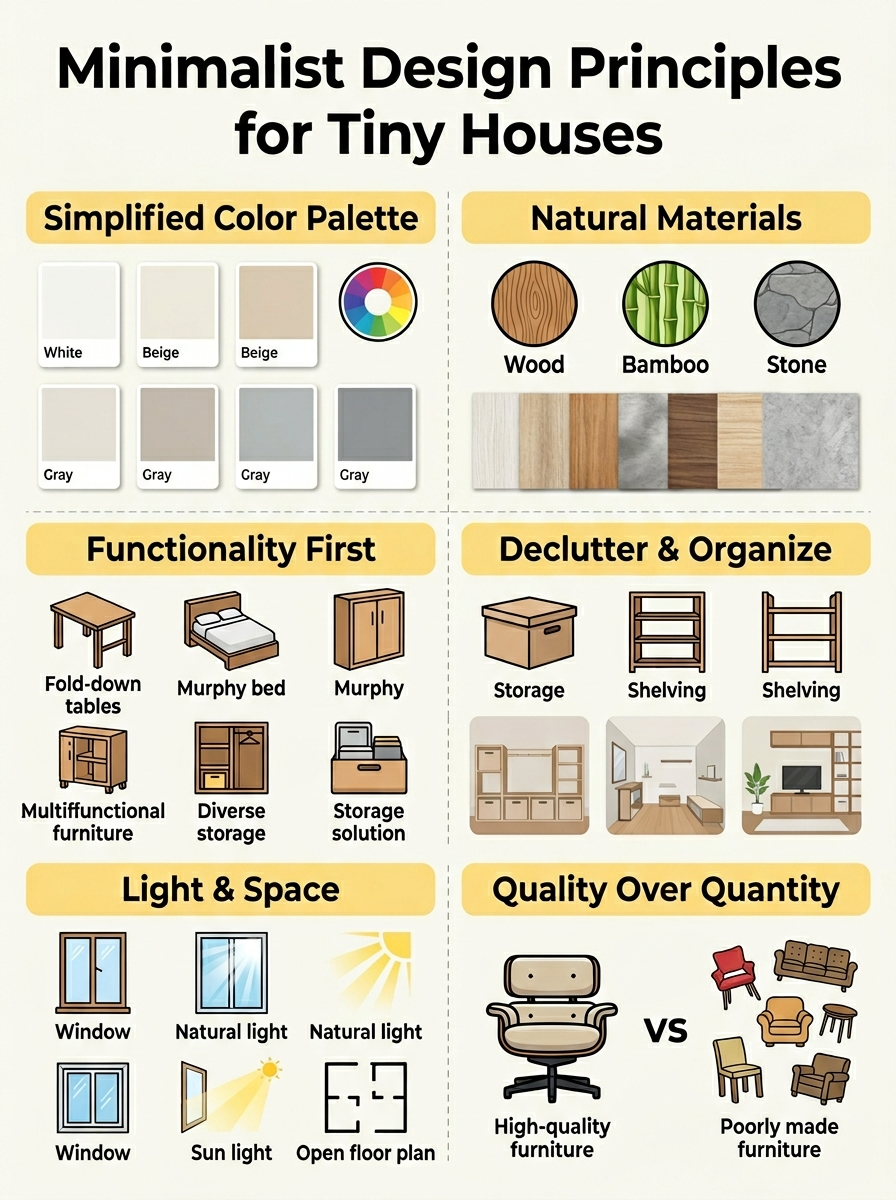 Infographic on minimalist design principles for tiny house interiors, including color palette and natural materials.
