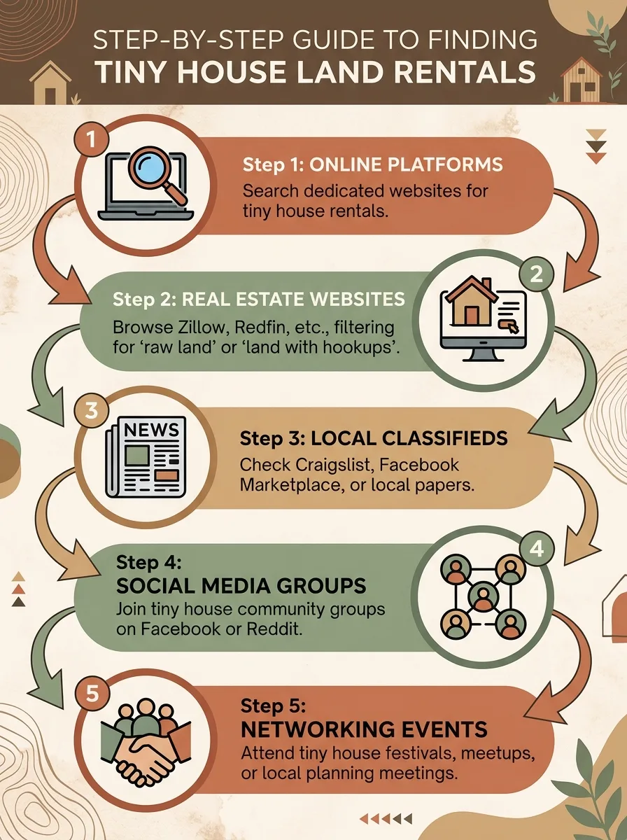Infographic on steps to find tiny house land rentals, including online platforms and community networking.