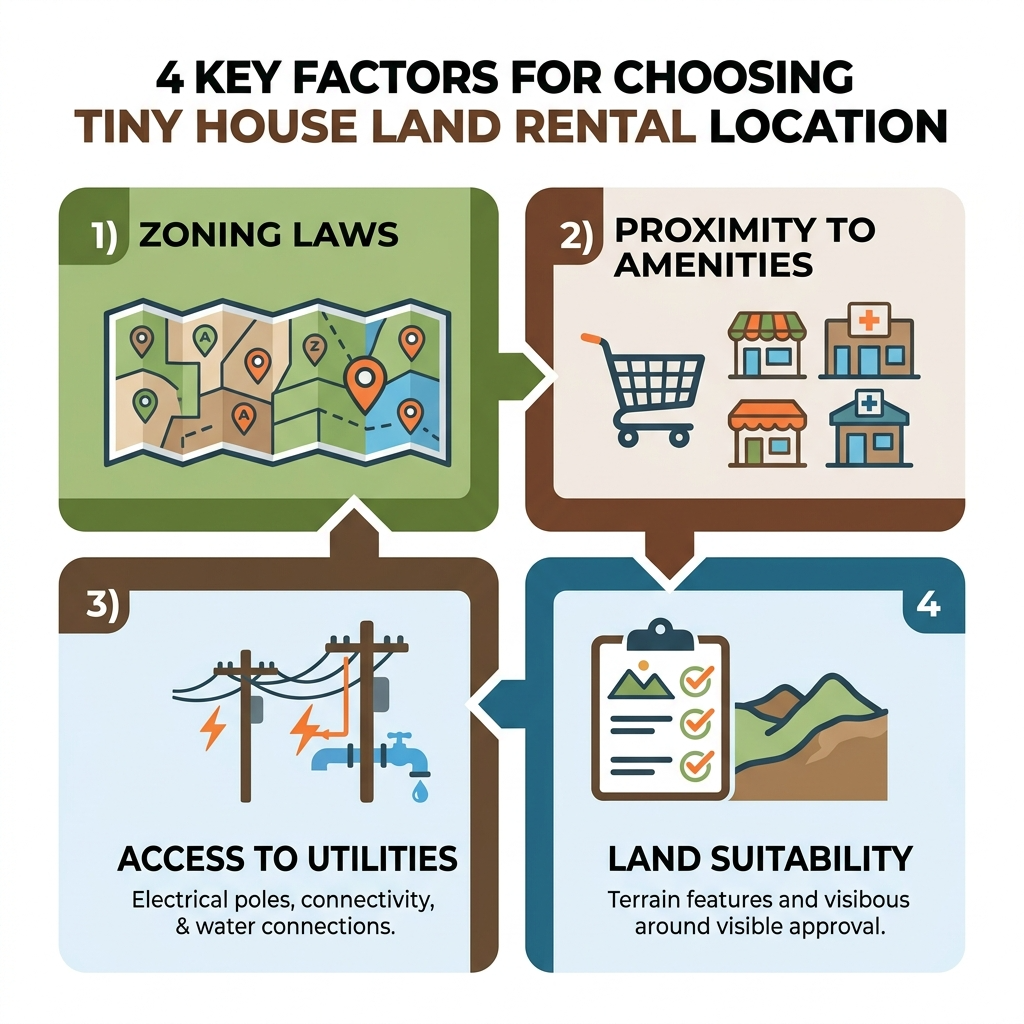 Infographic outlining factors for choosing tiny house rental locations like zoning and utilities.