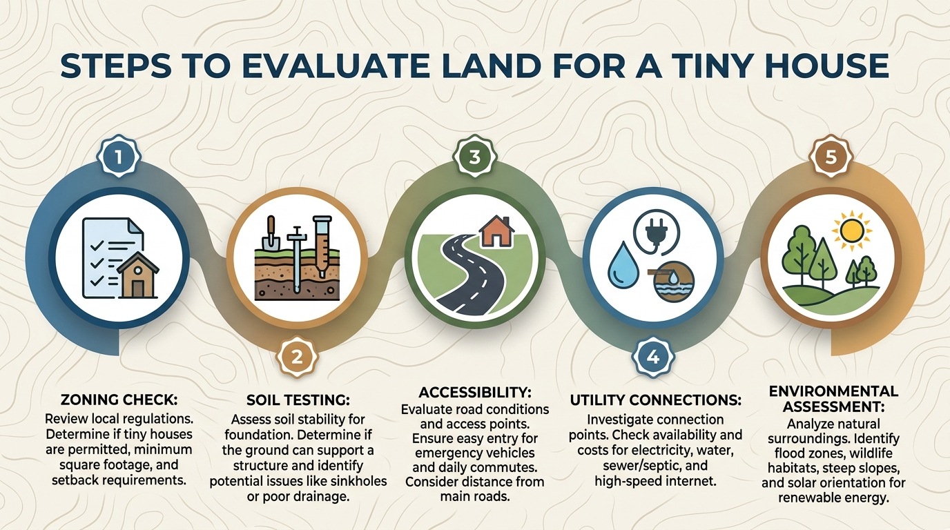 Infographic outlining steps to evaluate land for a tiny house, including zoning and soil testing.