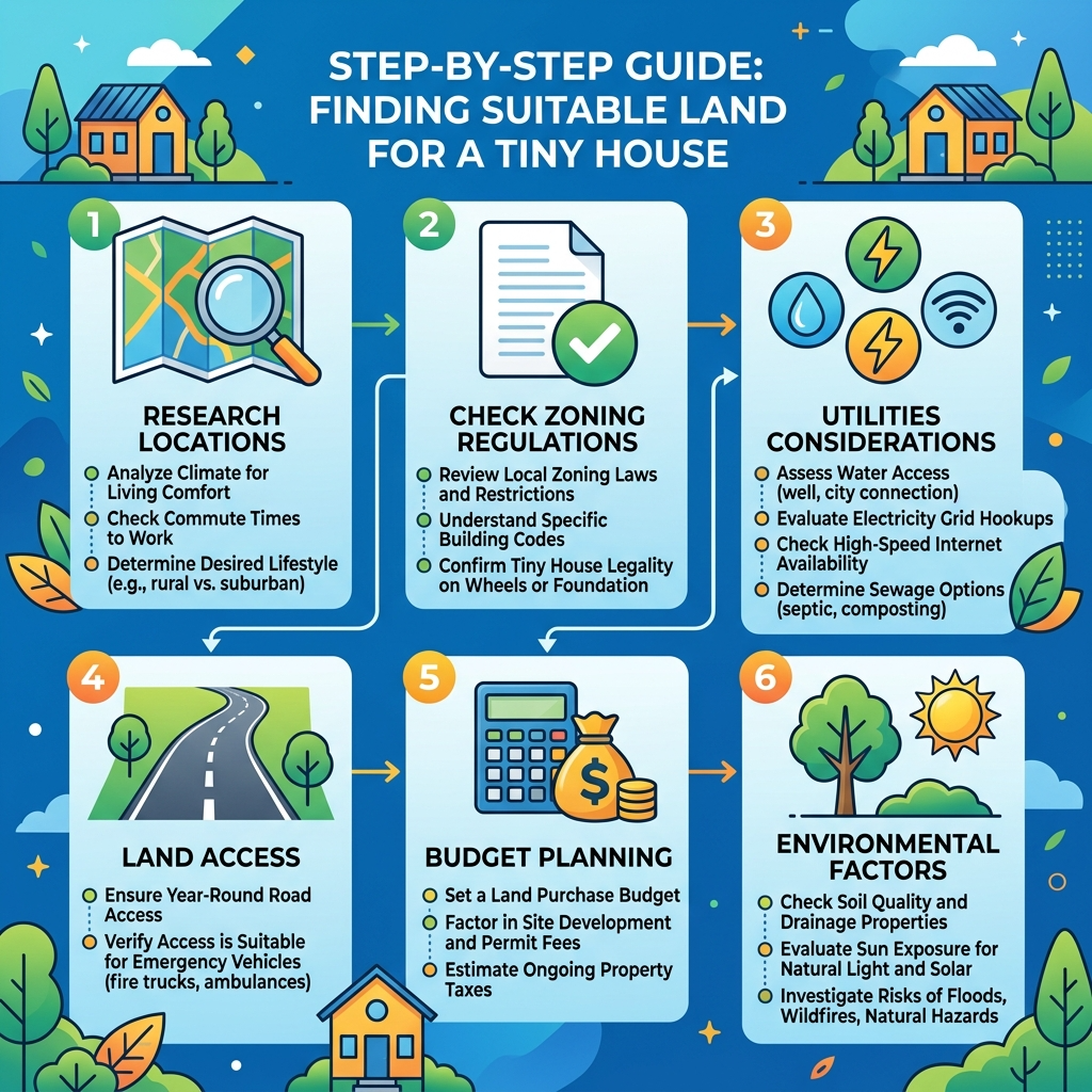 Infographic outlining steps to find suitable land for a tiny house.