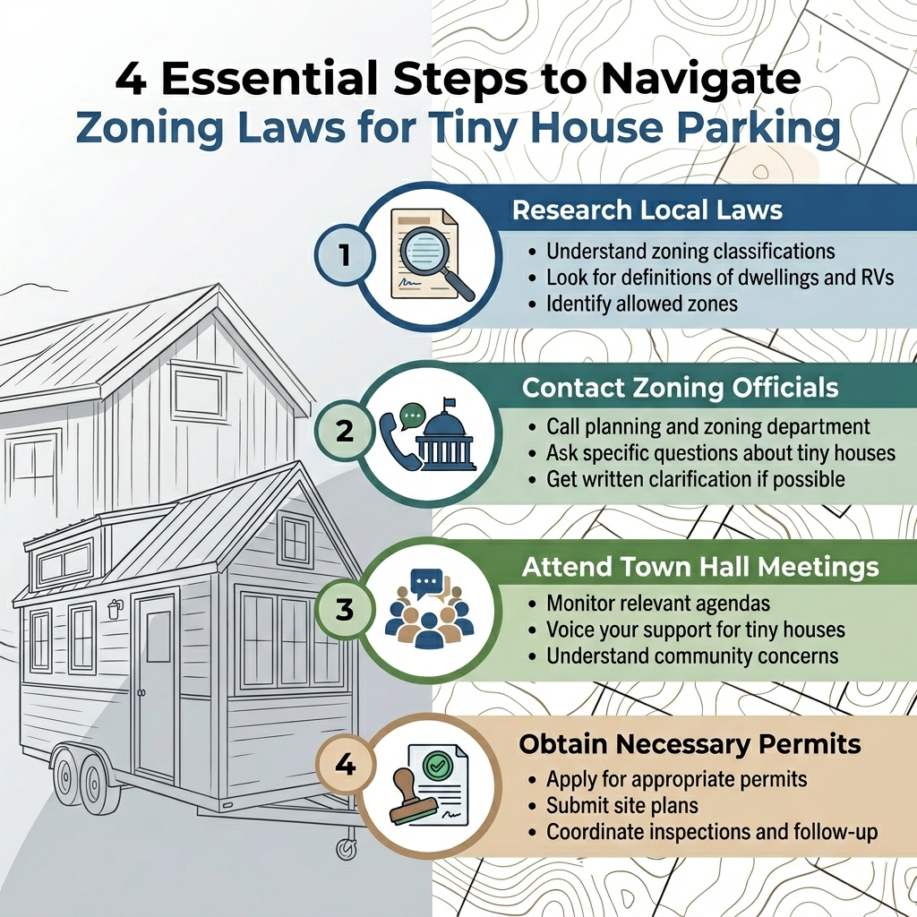Infographic outlining steps to navigate zoning laws for tiny house parking.