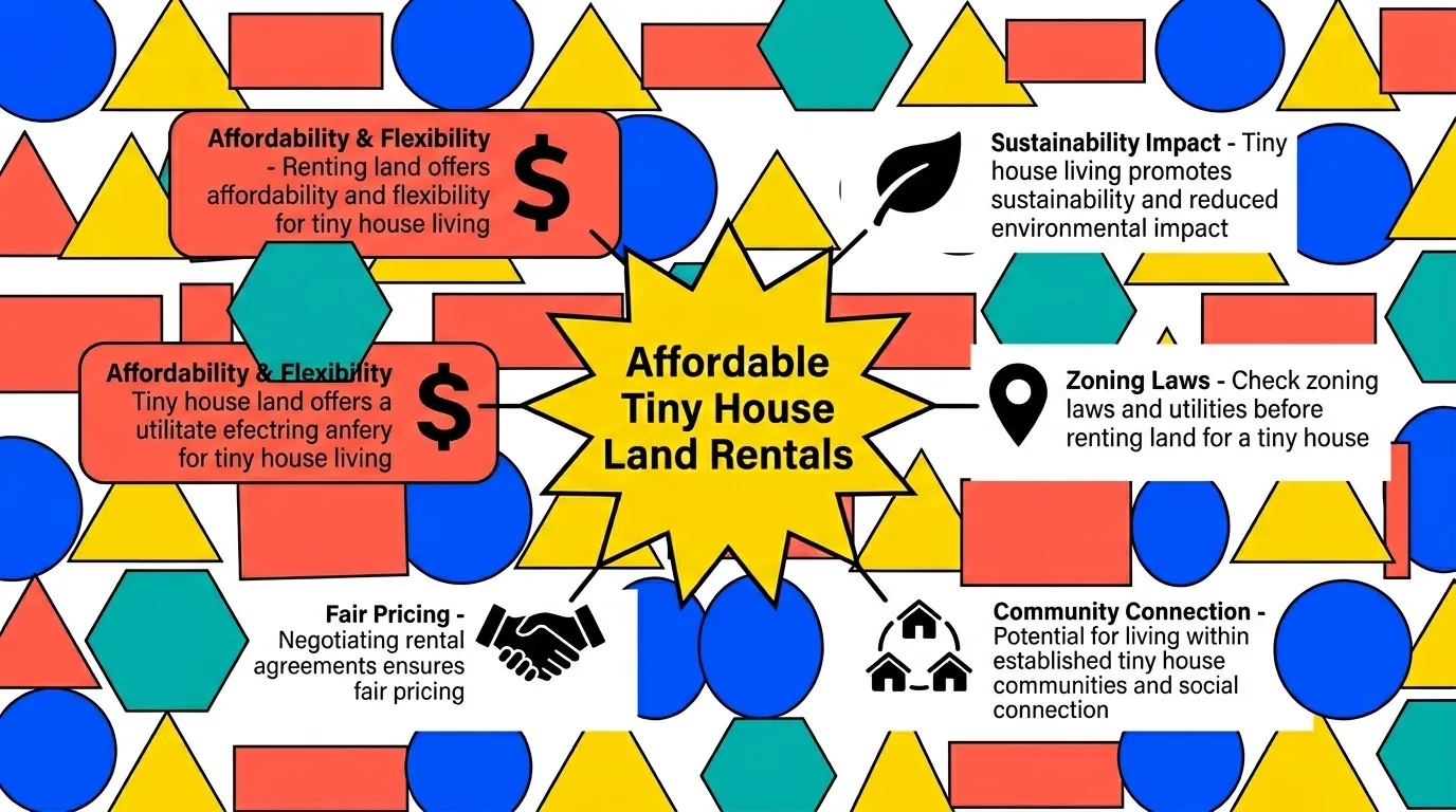 Infographic: Overview of affordable tiny house land rentals with benefits and considerations.