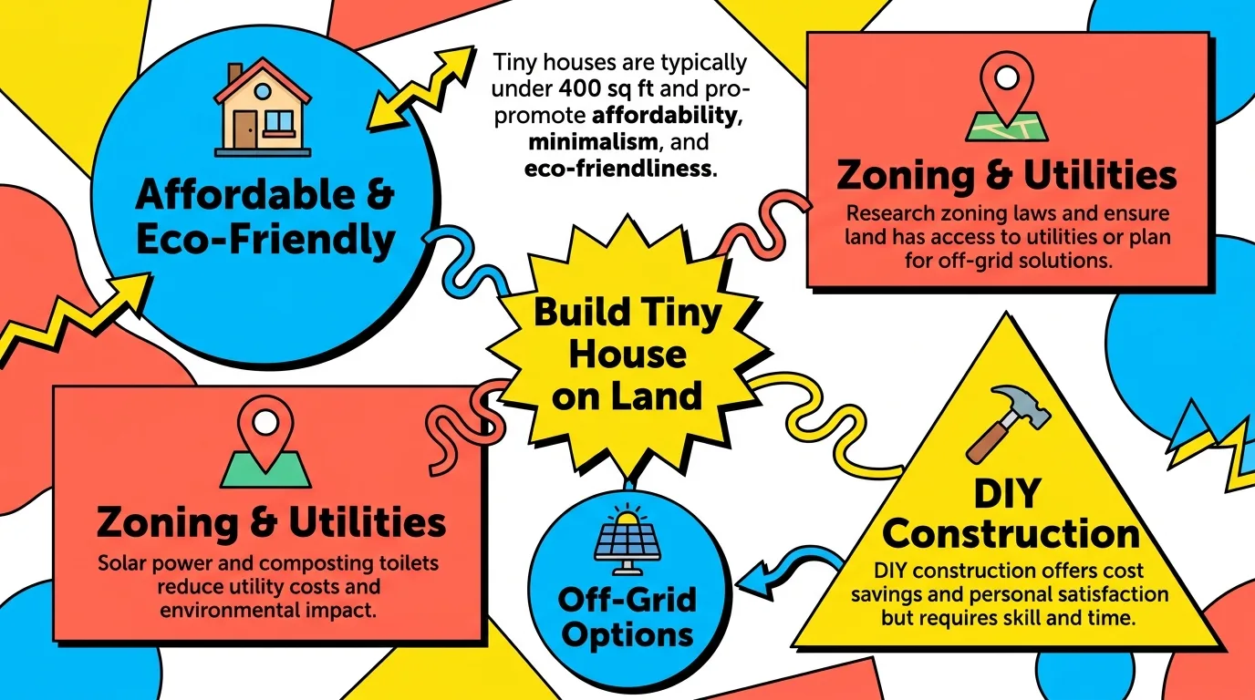 Infographic: Overview of building a tiny house on land with key benefits and insights.