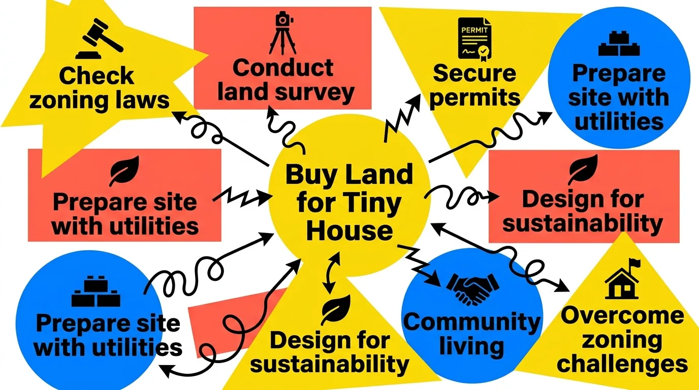 Infographic: Overview of buying land for tiny houses with key tips and considerations.