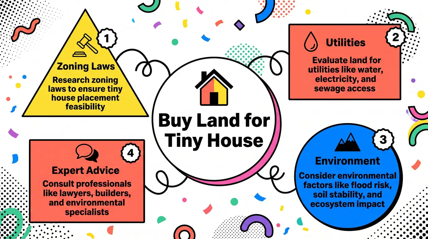 Infographic: Overview of buying land for tiny houses with zoning, utilities, environment, and expert advice.