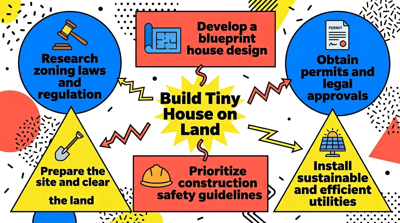 Infographic: Overview of essential steps and tips for building a tiny house on land.
