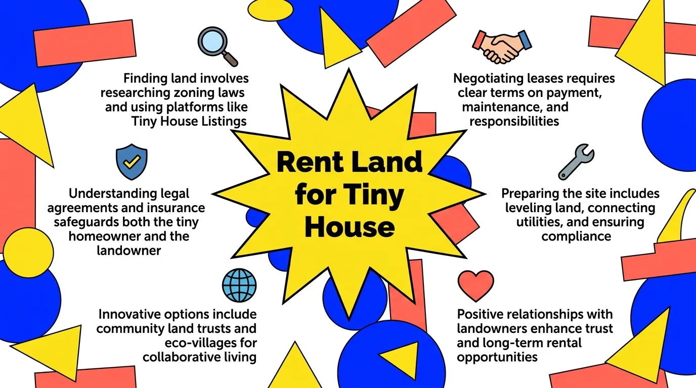 Infographic: Overview of renting land for tiny houses with benefits, challenges, and steps.