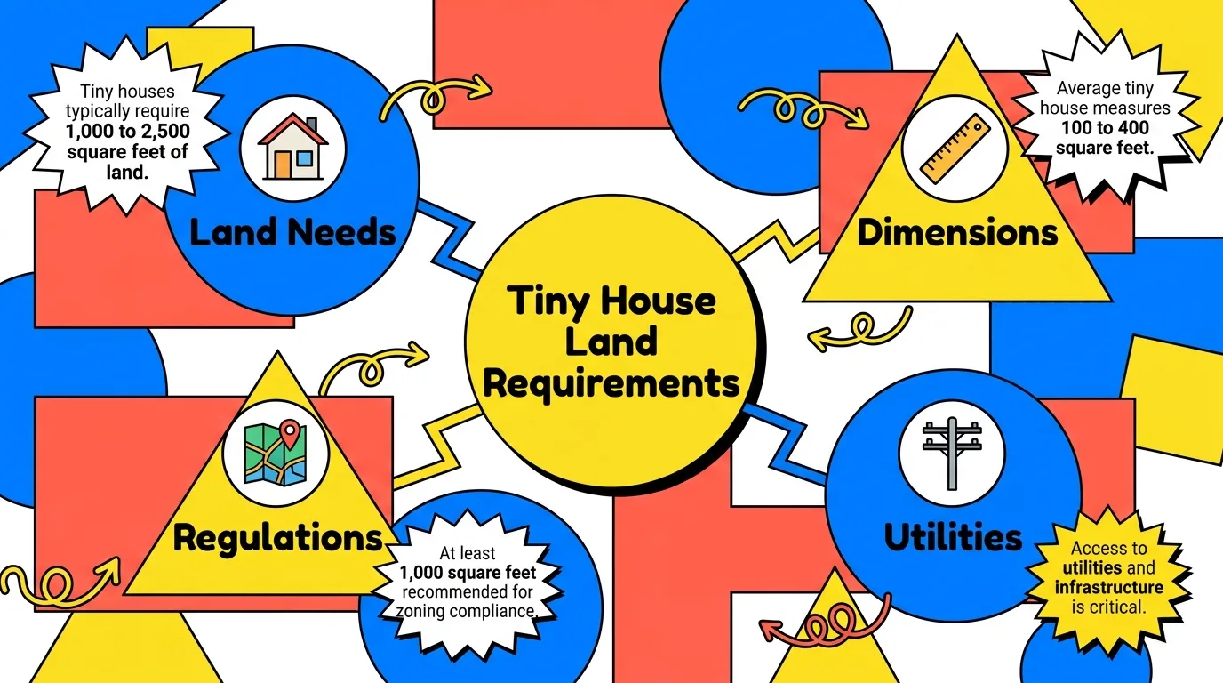 Infographic: Overview of tiny house land requirements with icons, benefits, and connections.