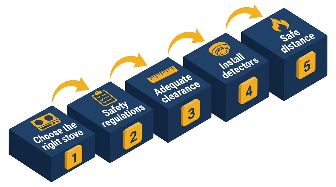 Infographic showing 10-step safe installation process for tiny wood stoves.