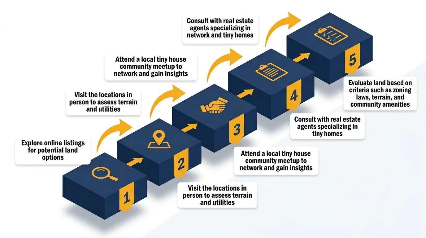 Infographic showing 5 steps to buy land for a tiny house with icons and flow arrows.