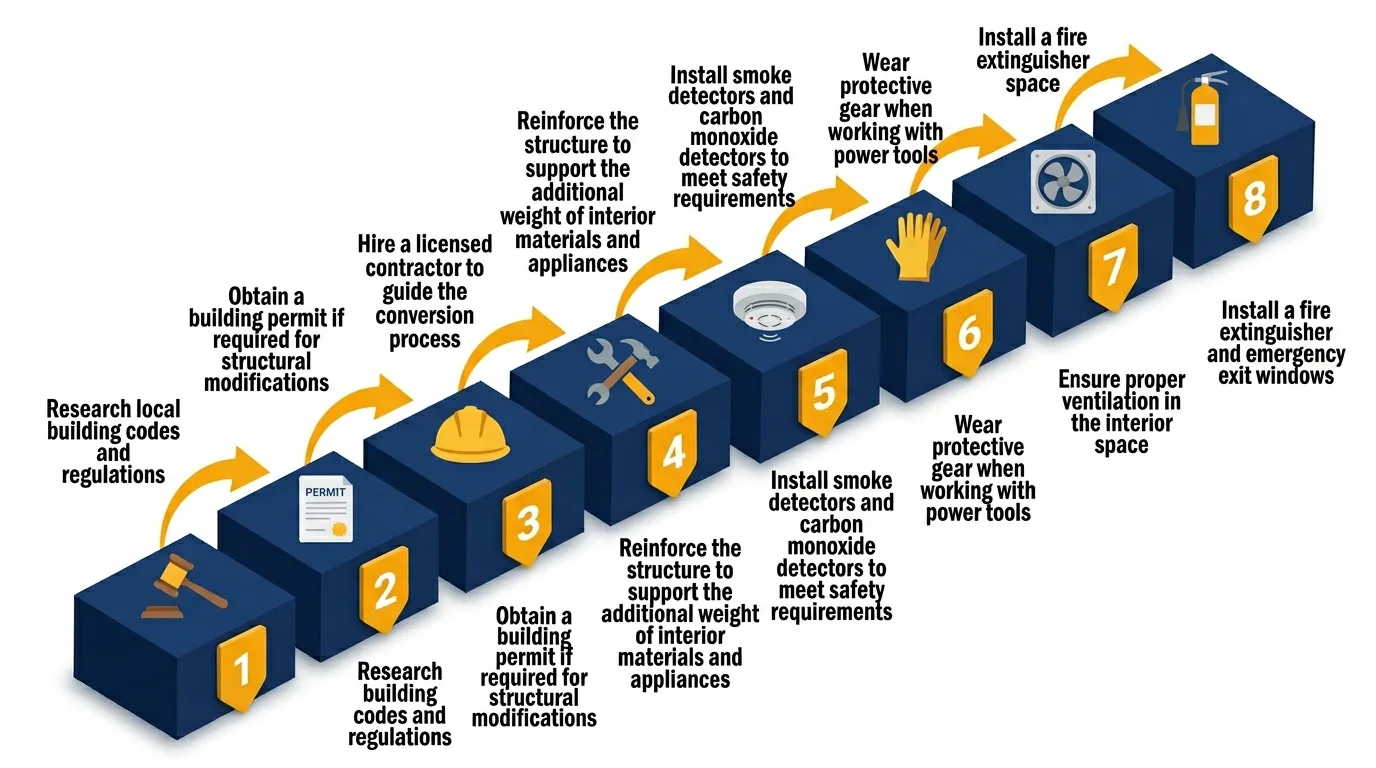Infographic showing 8 steps to convert a tiny house shell into a livable space.