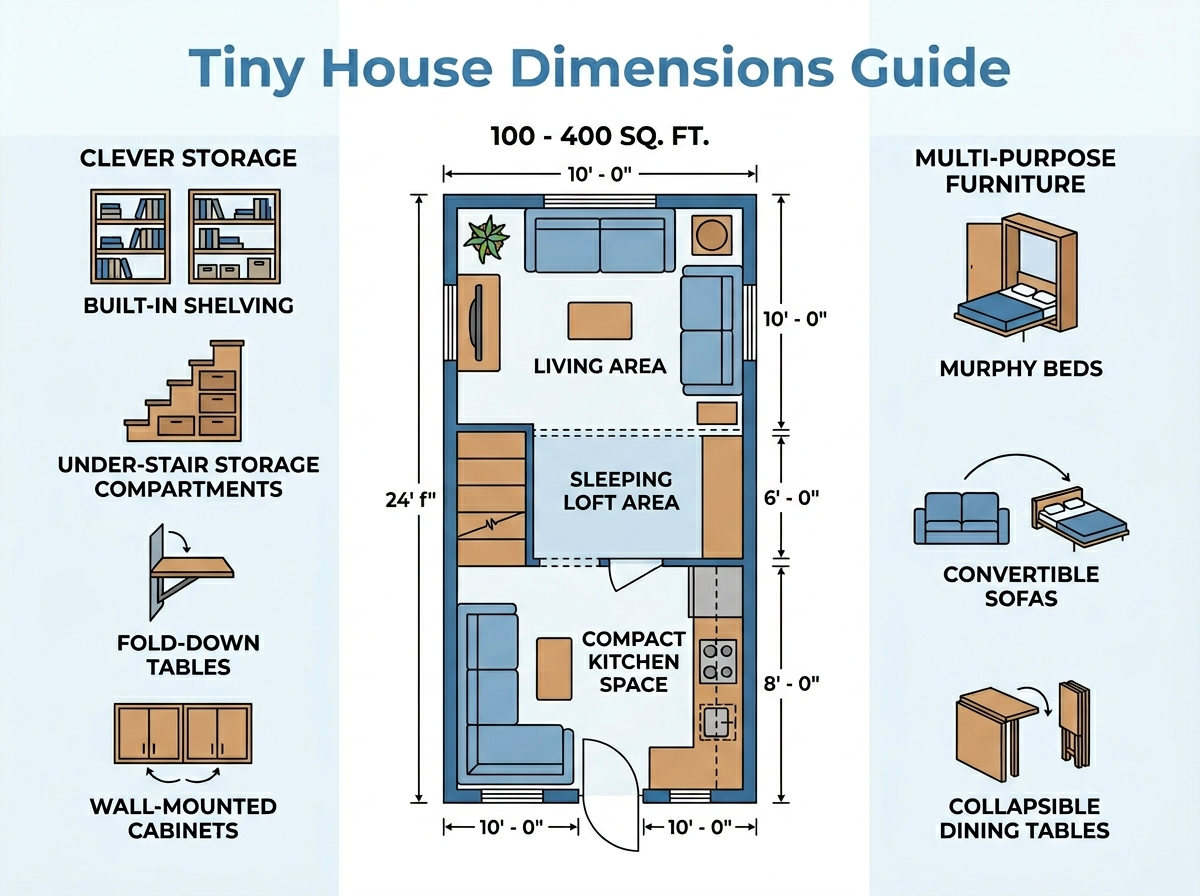 Infographic showing average tiny house dimensions and efficient space utilization.