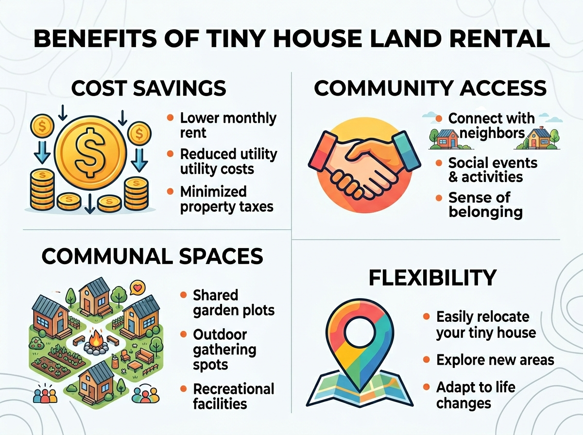 Infographic showing benefits of tiny house land rental like cost savings and community access.