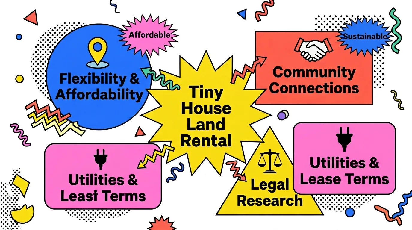 Infographic showing benefits of tiny house land rental with icons and colorful geometric shapes.