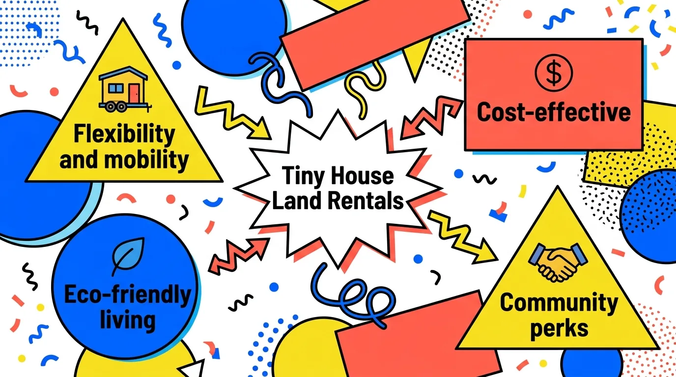 Infographic showing benefits of tiny house land rentals with icons, colors, and key insights.