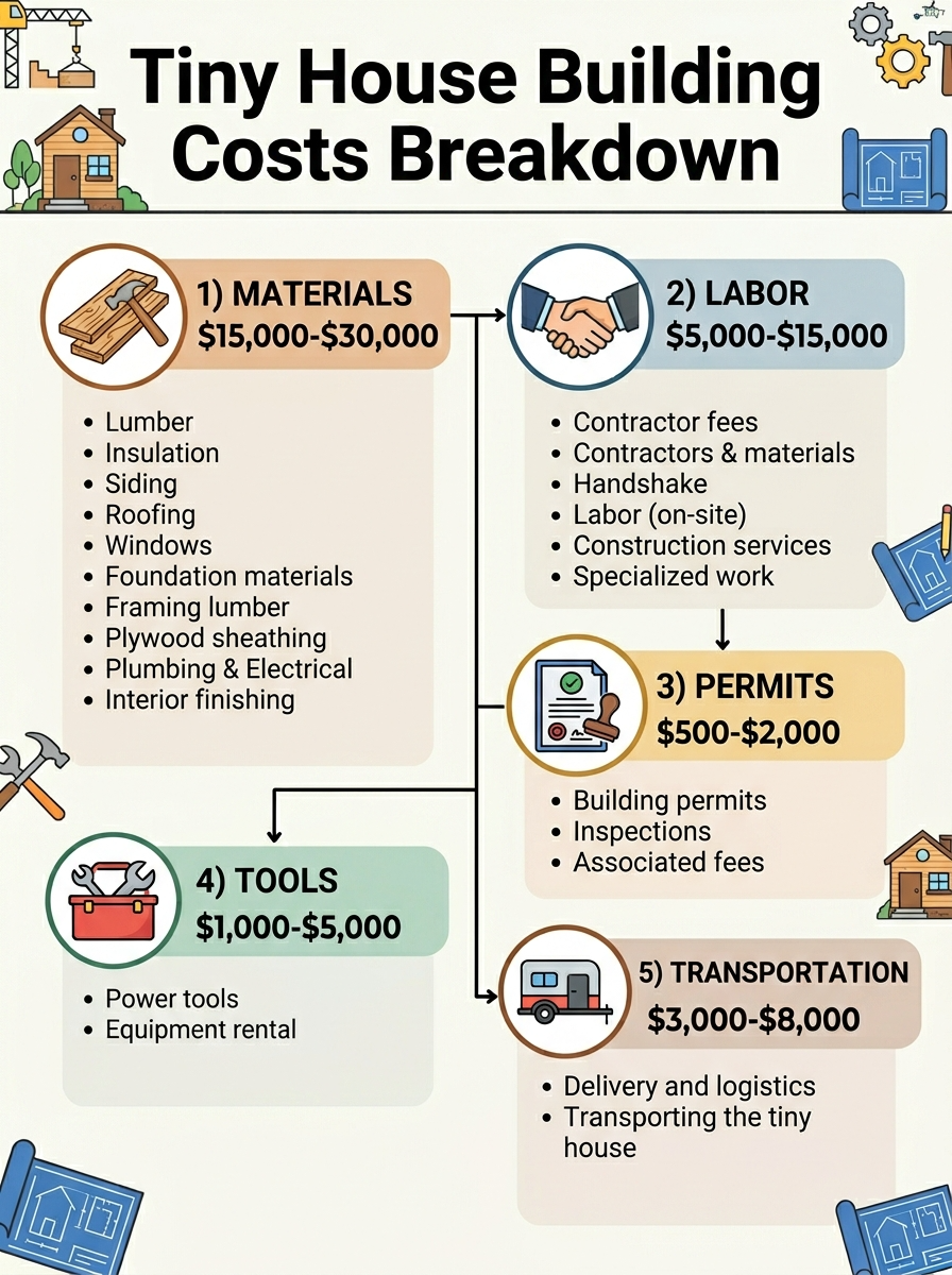Infographic showing cost breakdown for building a tiny house.