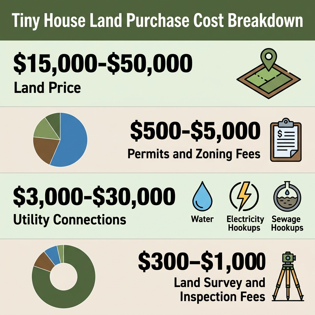 Infographic showing cost breakdown for buying land for a tiny house, including permits and utilities.