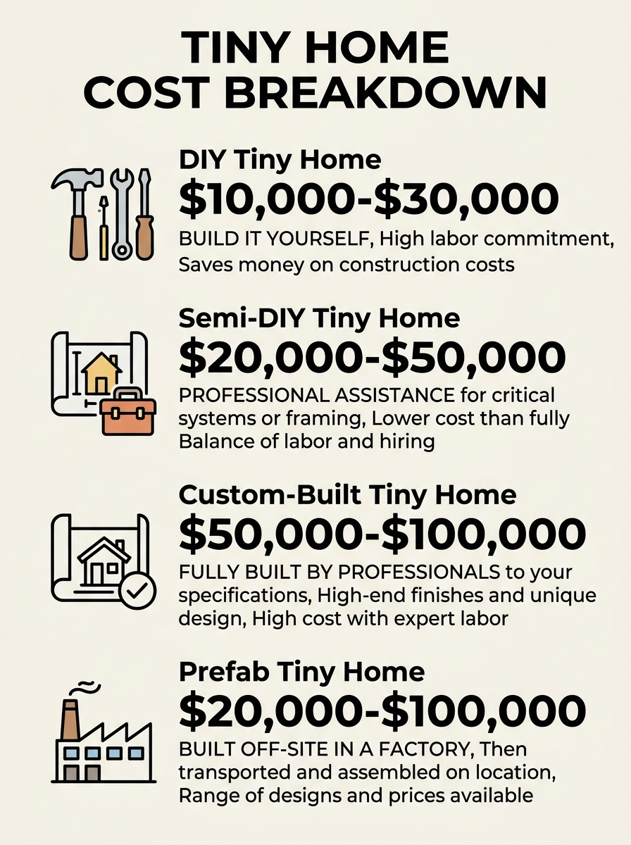 Infographic showing cost breakdowns for DIY, semi-DIY, custom-built, and prefab tiny houses.