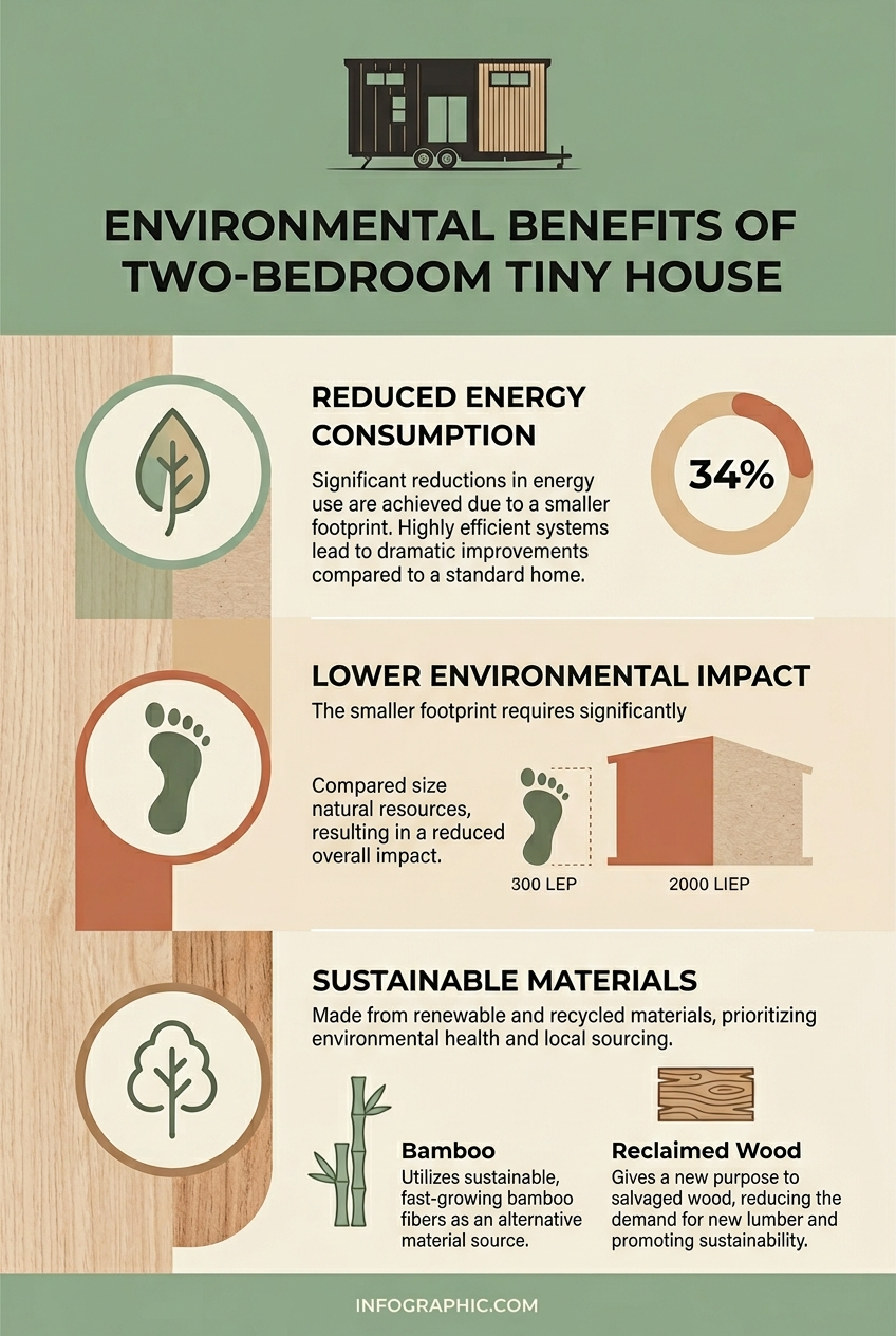 Infographic showing eco-friendly benefits of two-bedroom tiny houses, including energy efficiency and sustainability.