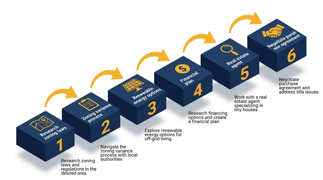 Infographic showing Emily's 6-step process for buying land for a tiny house.