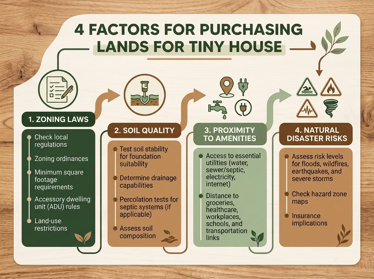 Infographic showing factors like zoning, soil quality, and amenities for buying tiny house land.