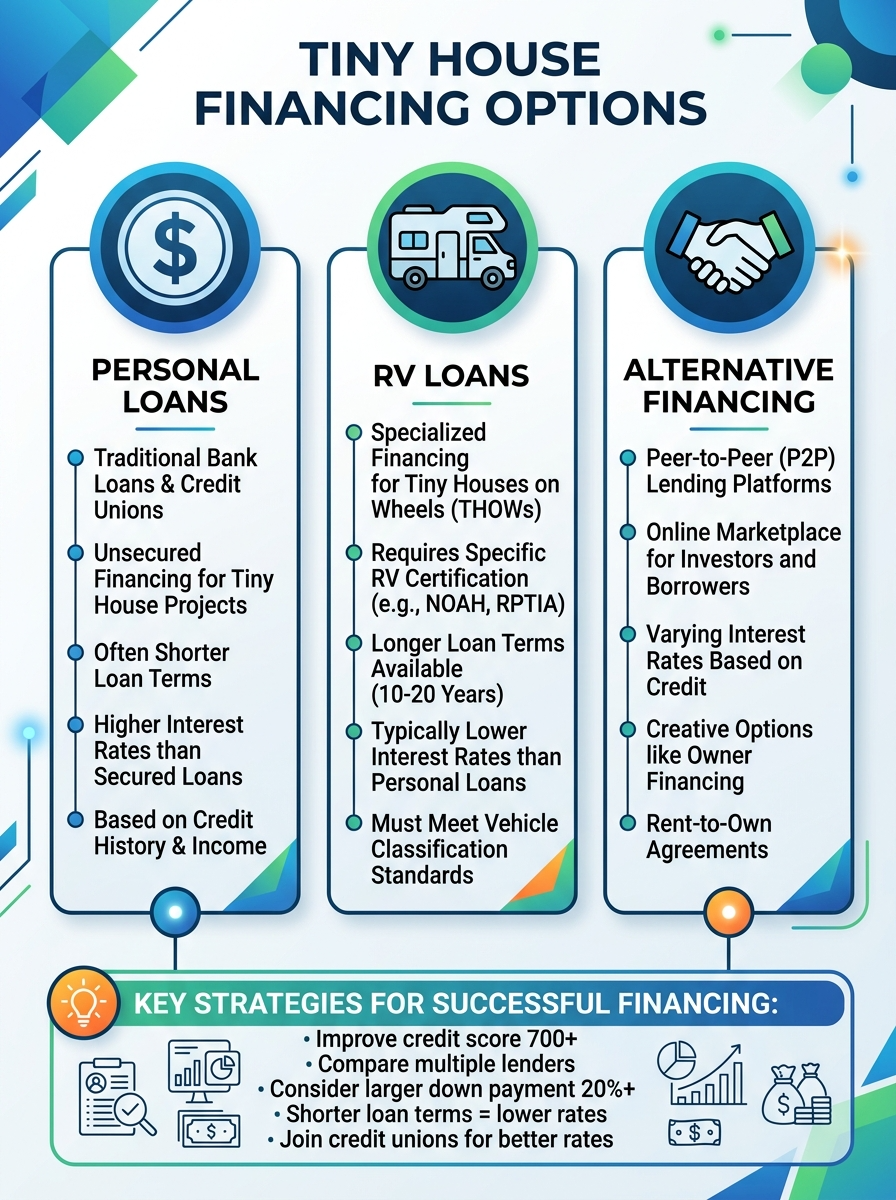 Infographic showing financing options for tiny houses, including personal loans, RV loans, and tips for low interest rates.