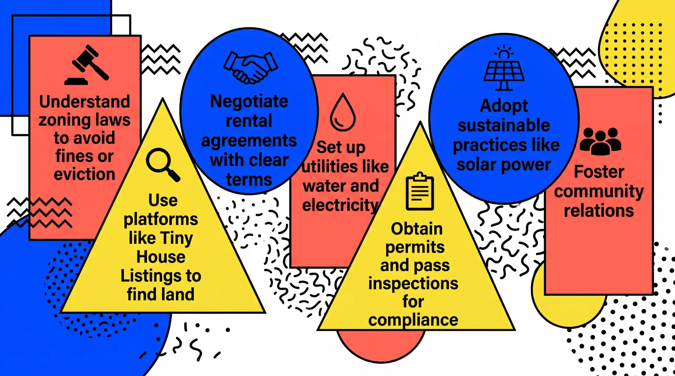 Infographic showing key benefits of renting land for tiny houses with icons and colorful geometric design.