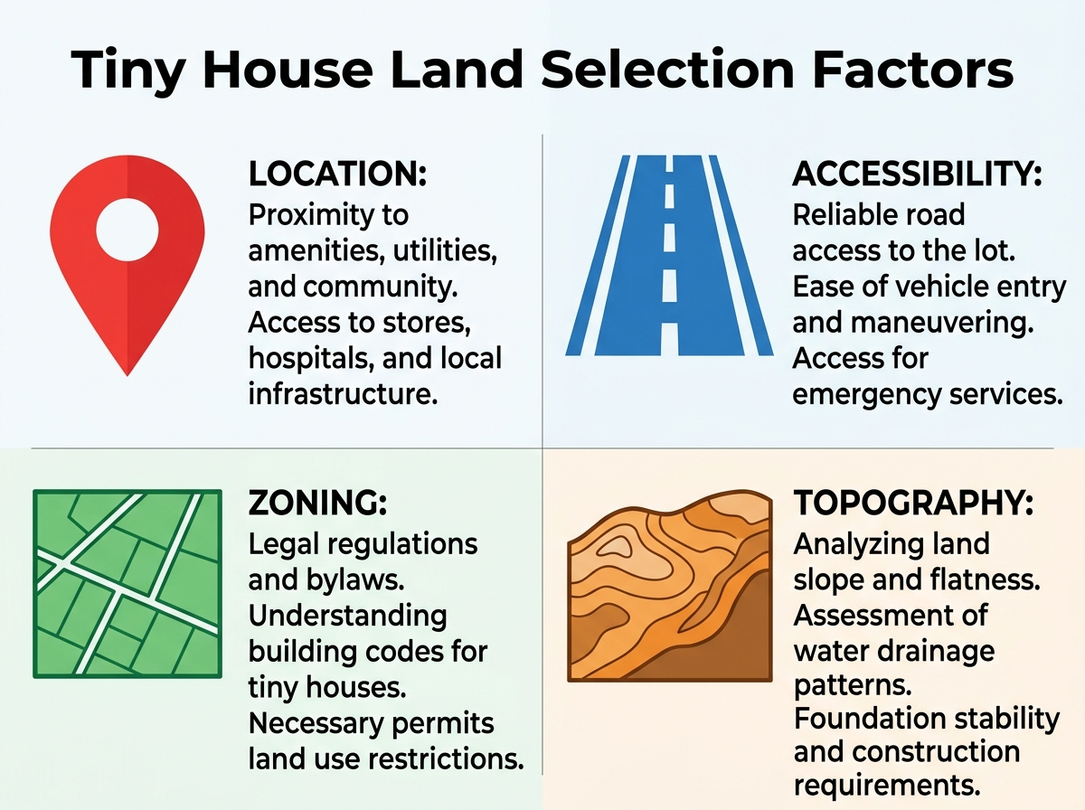 Infographic showing key factors for choosing tiny house land.