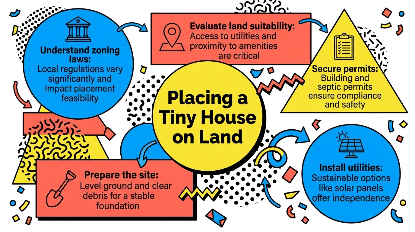 Infographic showing key insights for placing a tiny house on land with colorful geometric shapes and icons.