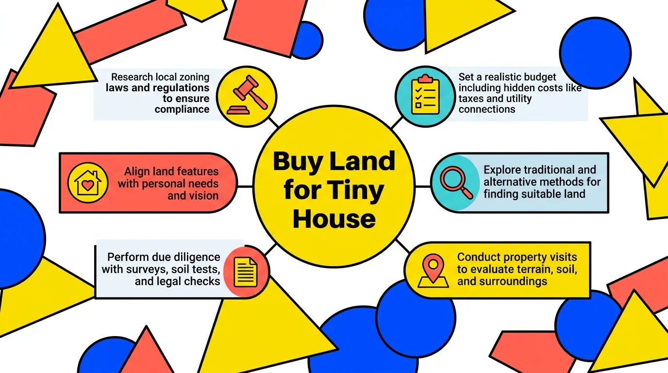 Infographic showing key steps and benefits of buying land for a tiny house.