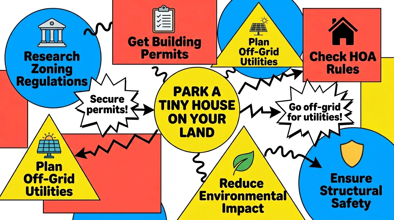 Infographic showing key steps and benefits of parking a tiny house on your land.