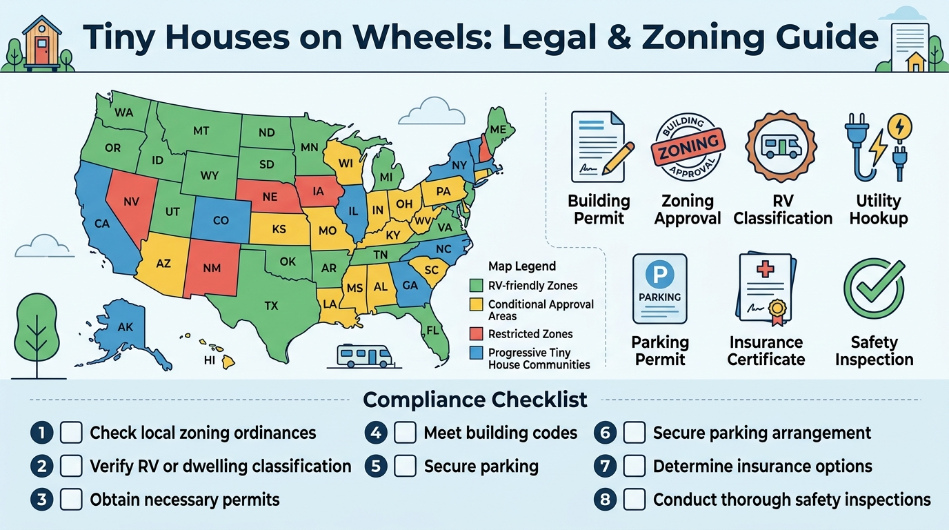 Infographic showing legal and zoning considerations for tiny houses on wheels.