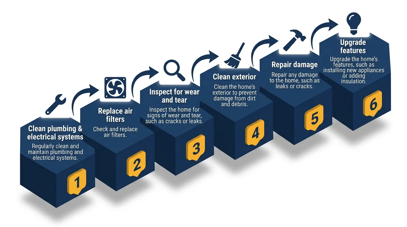 Infographic showing maintenance steps for prefab tiny houses in 3D isometric design.