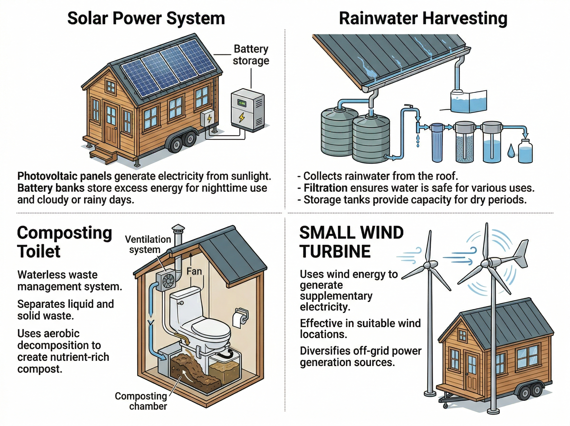 Infographic showing off-grid utility solutions for tiny houses.