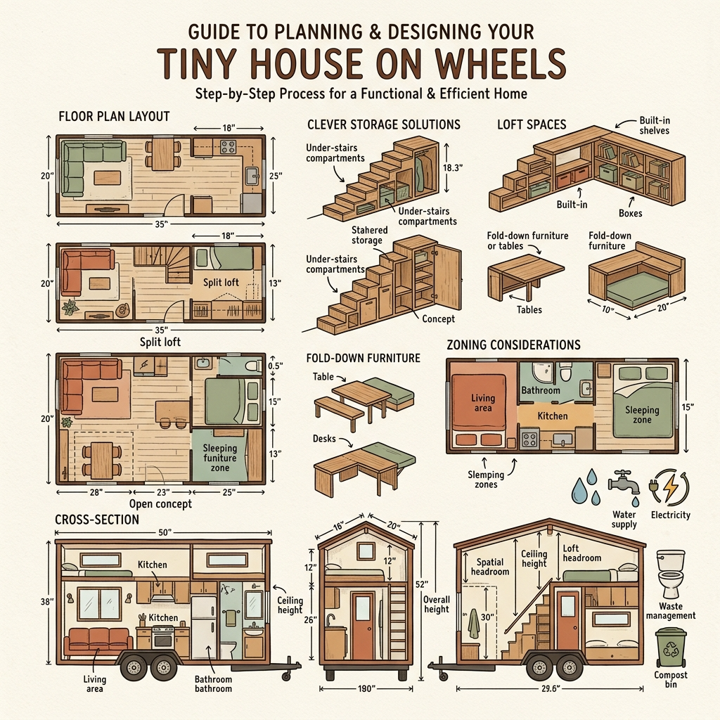 Infographic showing planning and design steps for a tiny house on wheels.