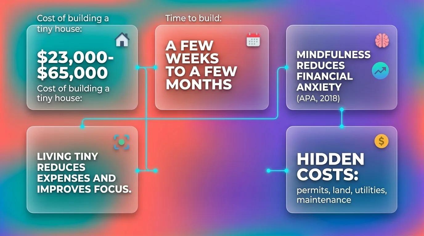 Infographic showing statistics on tiny house costs, building time, hidden expenses, and mindfulness benefits.