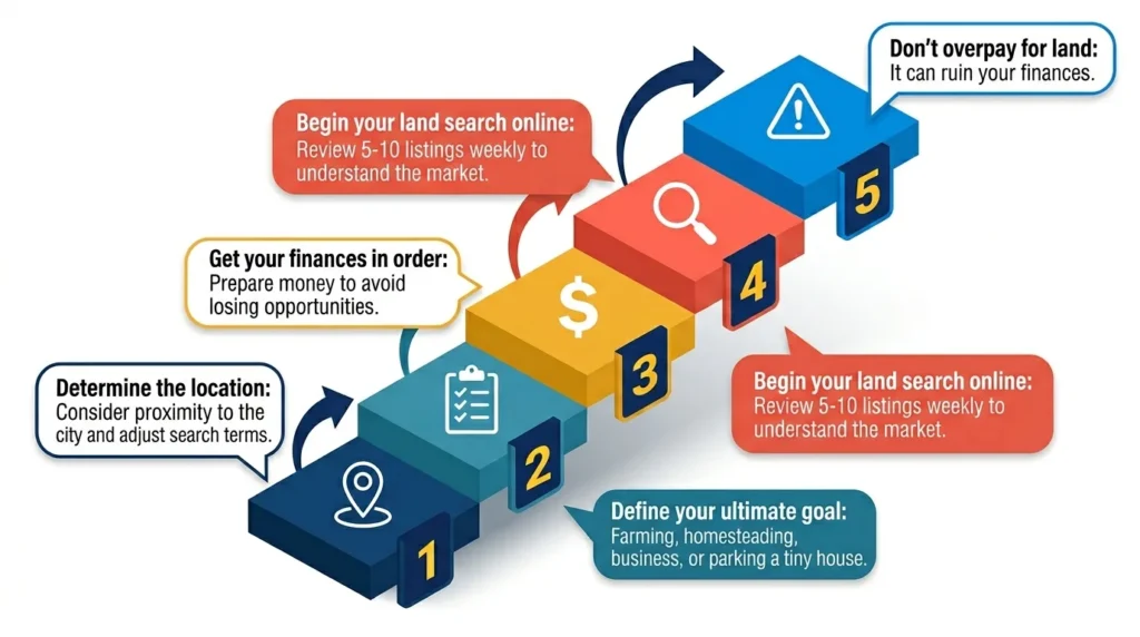 Infographic showing step-by-step process for buying rural land for tiny houses.