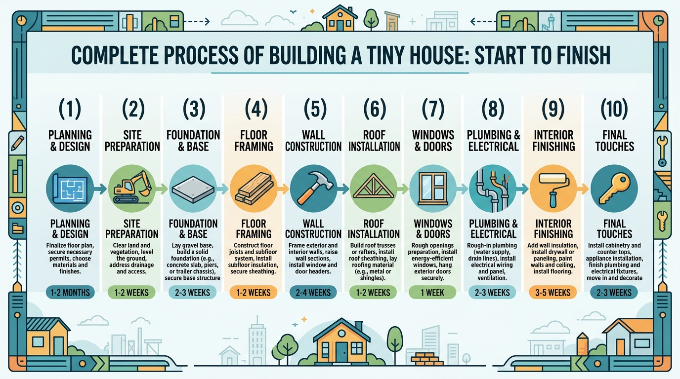 Infographic showing step-by-step process to build a tiny house, from planning to construction.