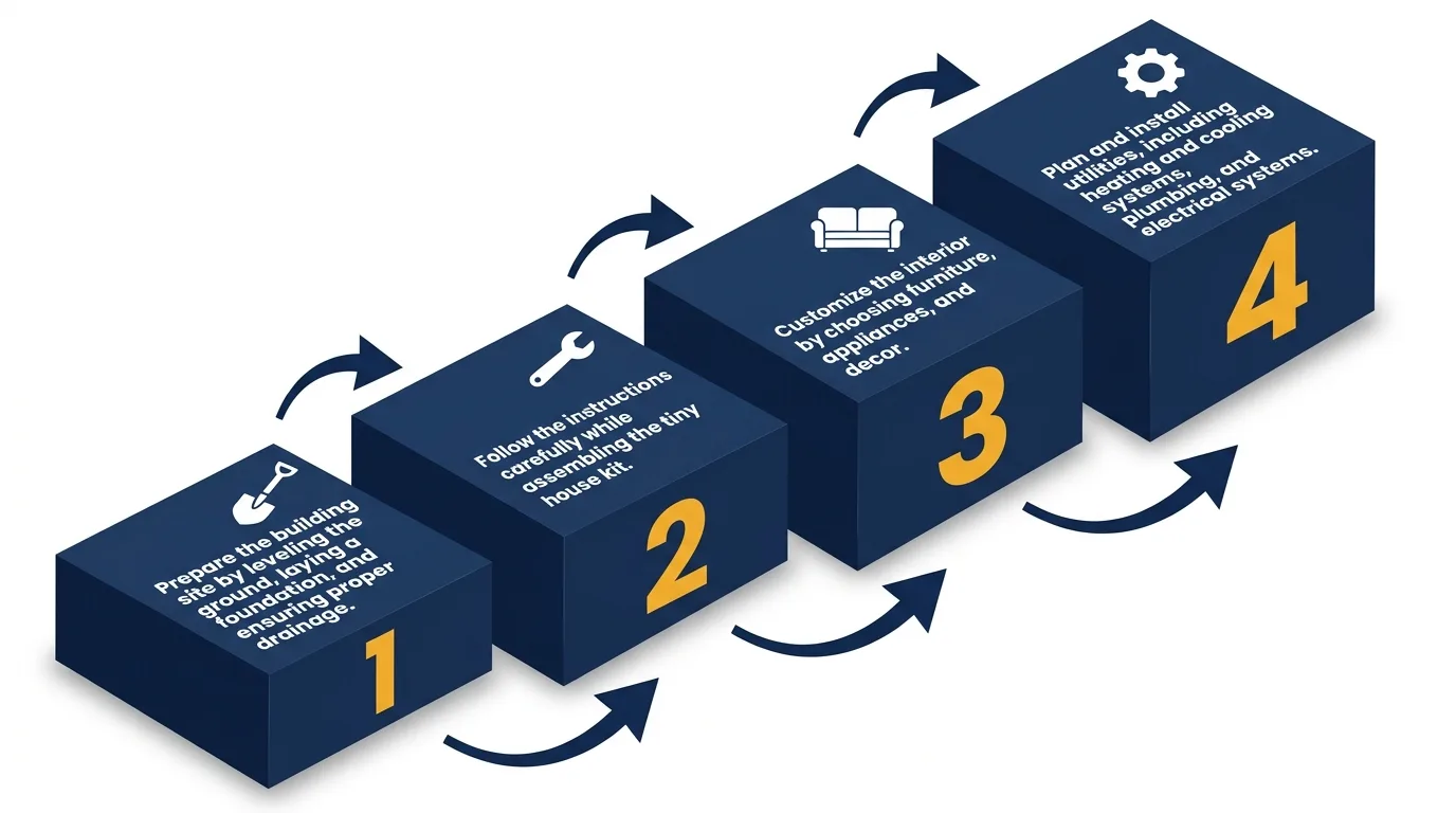 Infographic showing steps to assemble a tiny house kit with icons and numbered labels.